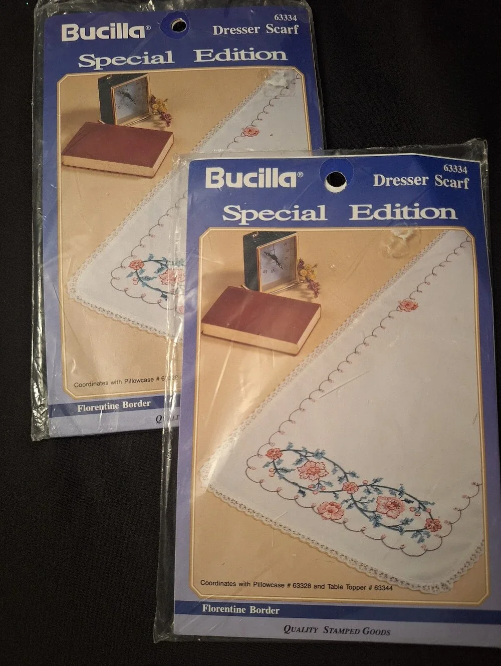 2 Vintage Bucilla Cross Stitch Kits Dresser Scarf Table Runner